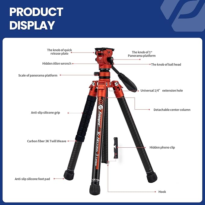 Fotopro 62 Inch Carbon Fiber Tripod 2.3lbs Ultralight Portable Travel Video - Image 7