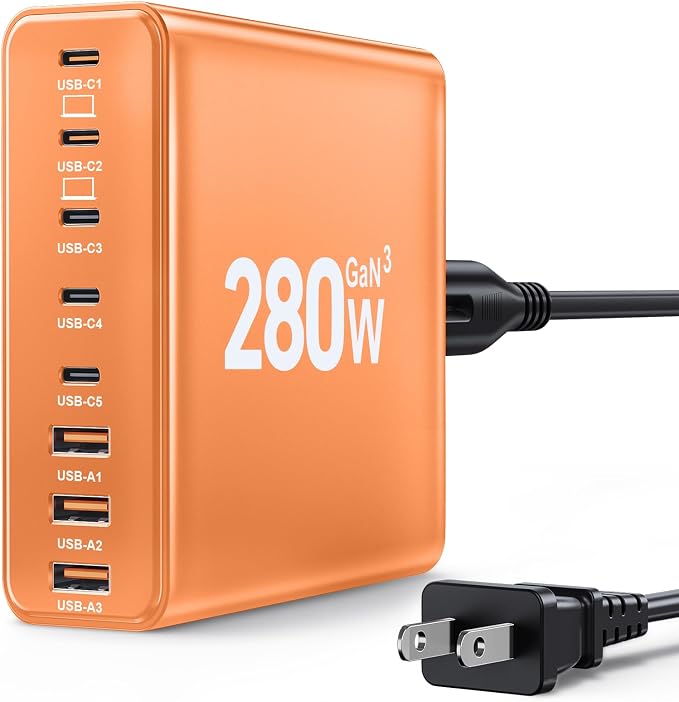 280W USB C Charger Block, 8-Port USB C Charging Station GaN III PD 65W Laptop by Ediliow