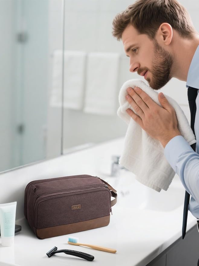 WANDF Toiletry Bag for Men Travel Toiletry Organizer Canvas and Leather Dopp - Image 5