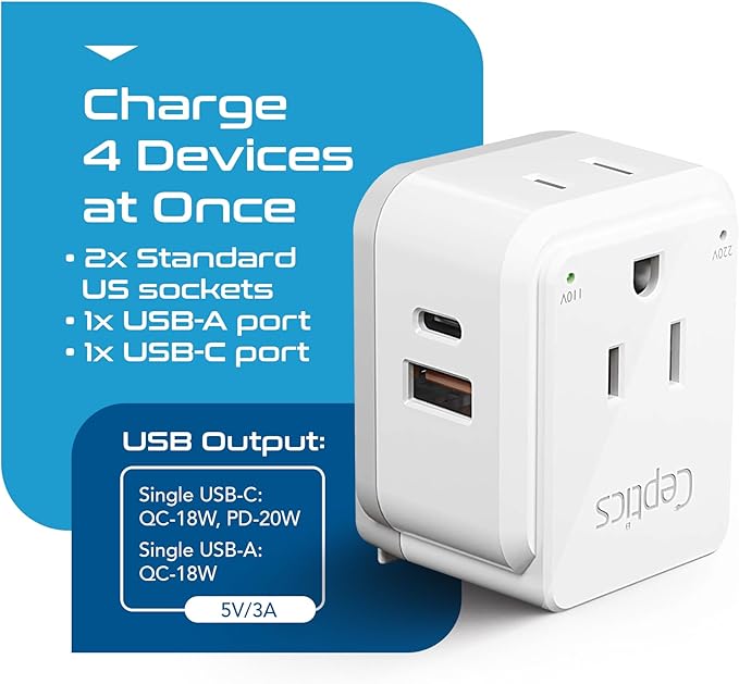 Ceptics World Power Plug Adapter Set, Dual USB & USB-C 3.1A, 20W - Image 6