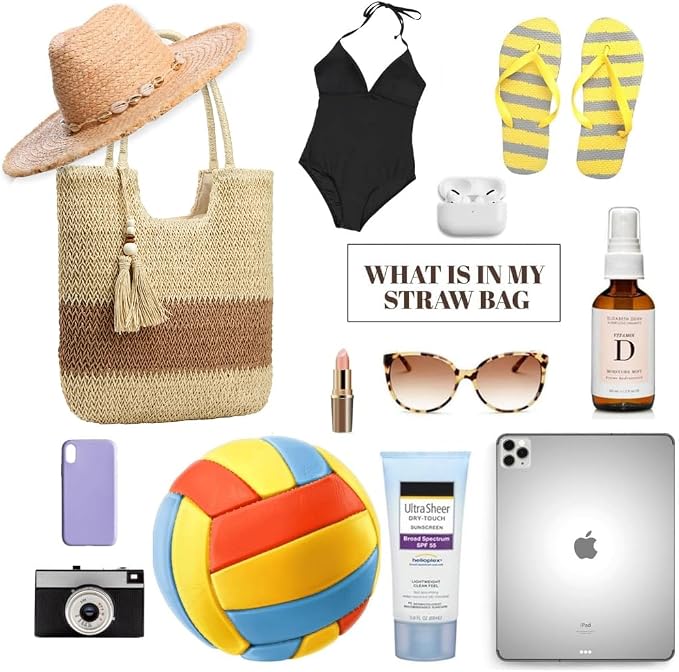 Straw Beach Bags for Women Woven Beach Tote Bag Casual Boho Large Shoulder - Image 3