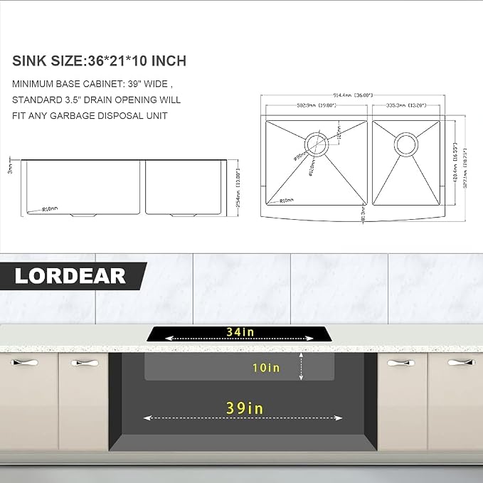 Lordear 36 Inch Double Bowl Farmhouse Kitchen Sink 36"x20-3/4"x10" Double Basin - Image 5