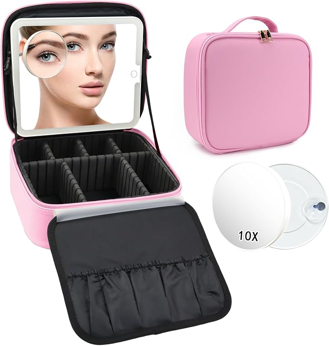 Travel Makeup Bag with LED Mirror and 10x magnifying glass with 3 Lighted by Unknown