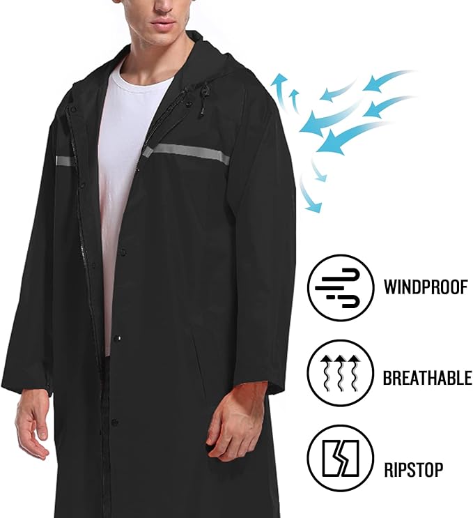 Mens Long Hooded Safety Rain Jacket Waterproof Emergency Raincoat Poncho - Image 5
