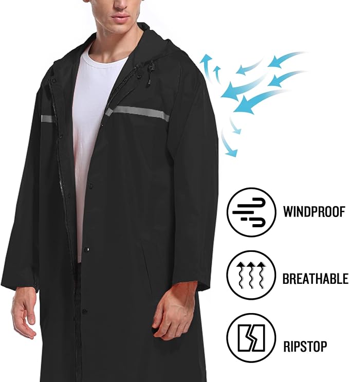 Mens Long Hooded Safety Rain Jacket Waterproof Emergency Raincoat Poncho - Image 5