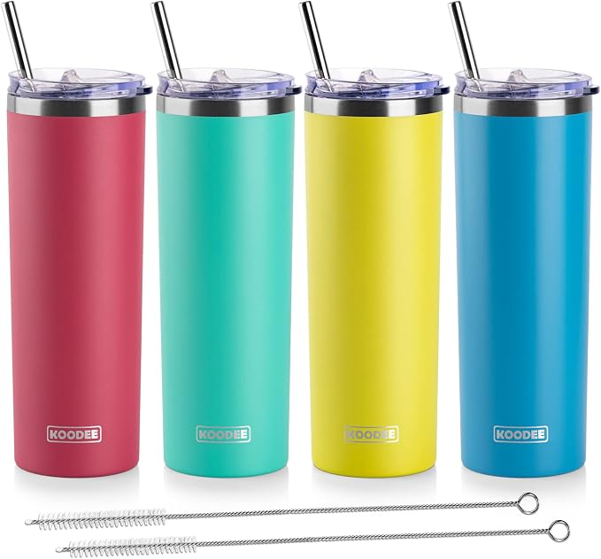 koodee 20 oz Tumbler with Lid and Straw -4 Pack Insulated Skinny Tumblers by koodee