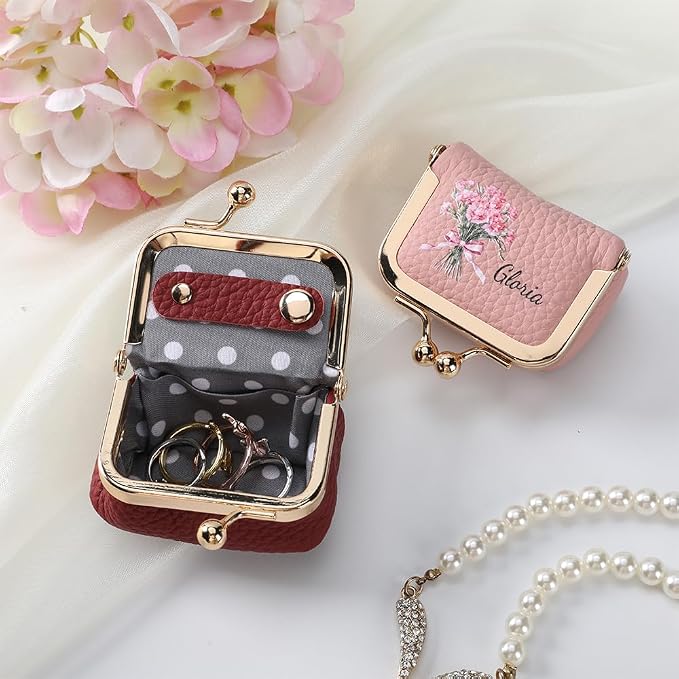 Custom Name & Birth Month Flower Mini Leather Jewelry Box – Vintage Kiss Lock - Image 6