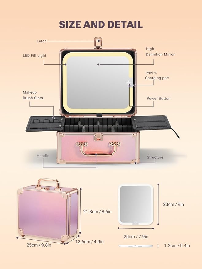 Qislee Makeup Box with A Detachable Lighted Mirror, Waterproof Travel Train Case - Image 3