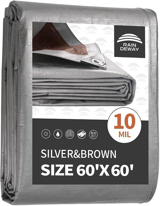 RAINDEWAY Tarps Heavy Duty Waterproof 60x60 Feet, 10 Mil Thick Multipurpose UV by RAINDEWAY
