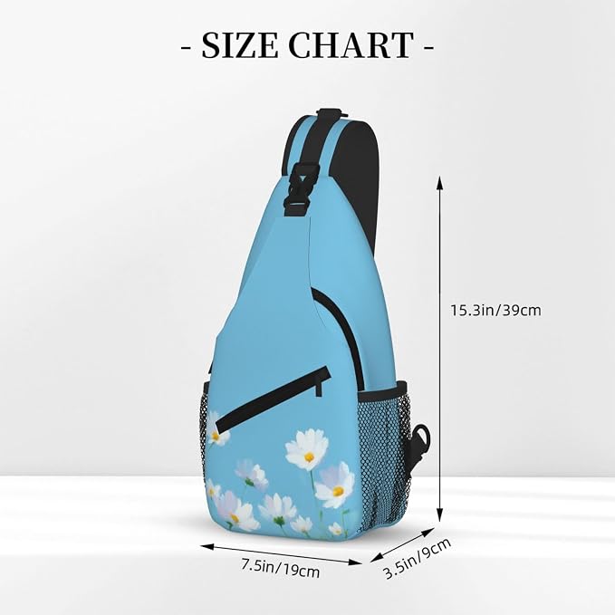 Sling Bag White Flower Blue Summer Hiking Daypack Crossbody Shoulder Backpack - Image 3