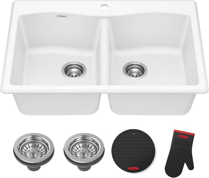 KRAUS Forteza 33-inch Granite Drop In/Undermount 50/50 Double Bowl White by KRAUS
