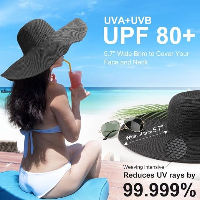 DRESHOW Beach Hats for Women Big Straw Wide Brim Summer Hat Floppy Foldable - Image 2