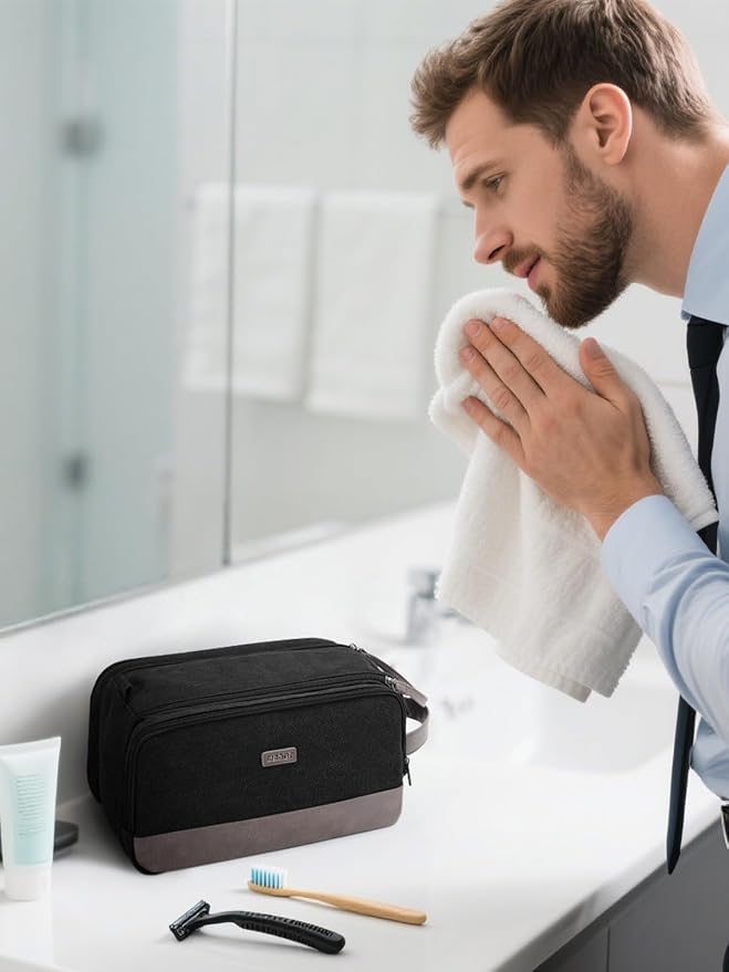 WANDF Toiletry Bag for Men Travel Toiletry Organizer Canvas and Leather Dopp - Image 5