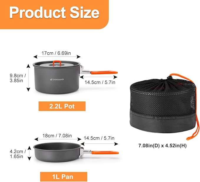 Odoland Camping Cookware Mess Kit, Non-Stick Lightweight Camping Pot and Fry - Image 2