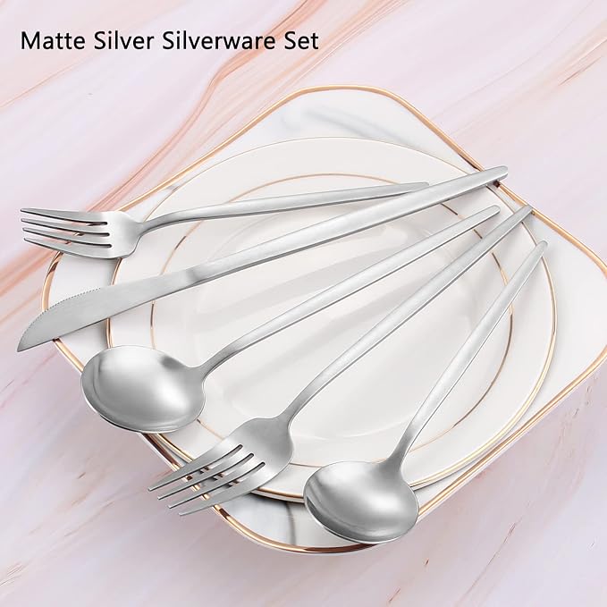 Matte Silverware Set, VANVRO 20-Piece Stainless Steel Flatware Set, Satin - Image 3