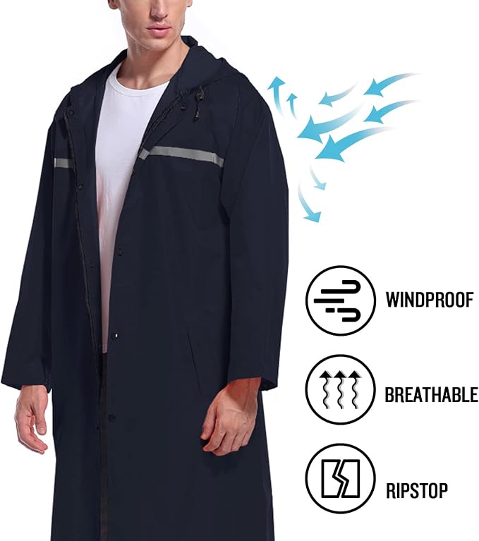 Mens Long Hooded Safety Rain Jacket Waterproof Emergency Raincoat Poncho - Image 5