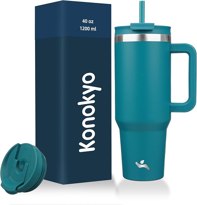 40 oz Tumbler with Handle and 2 Straws, 2 in 1 Lid Insulated Water Bottle by Konokyo