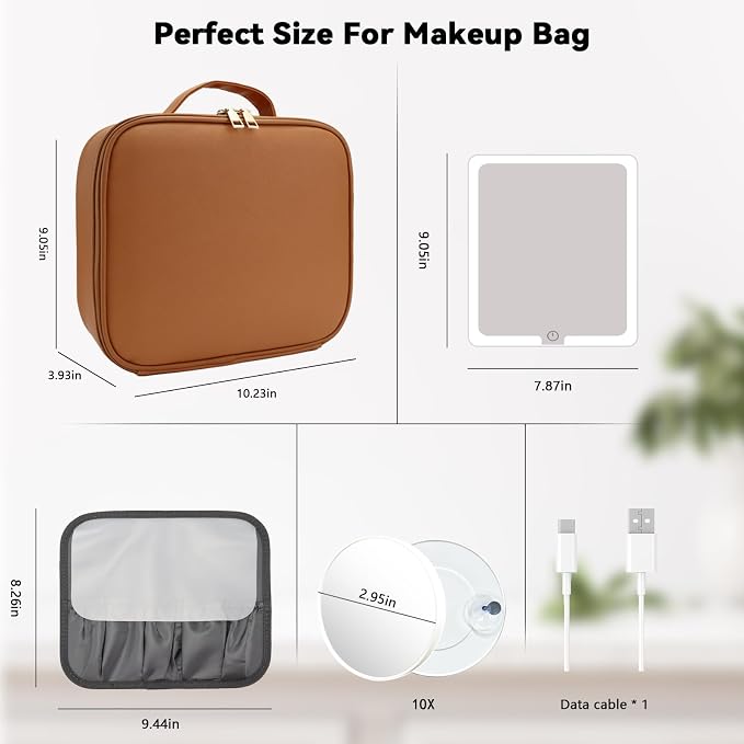 Travel Makeup Bag with LED Mirror and 10x magnifying glass with 3 Lighted - Image 8