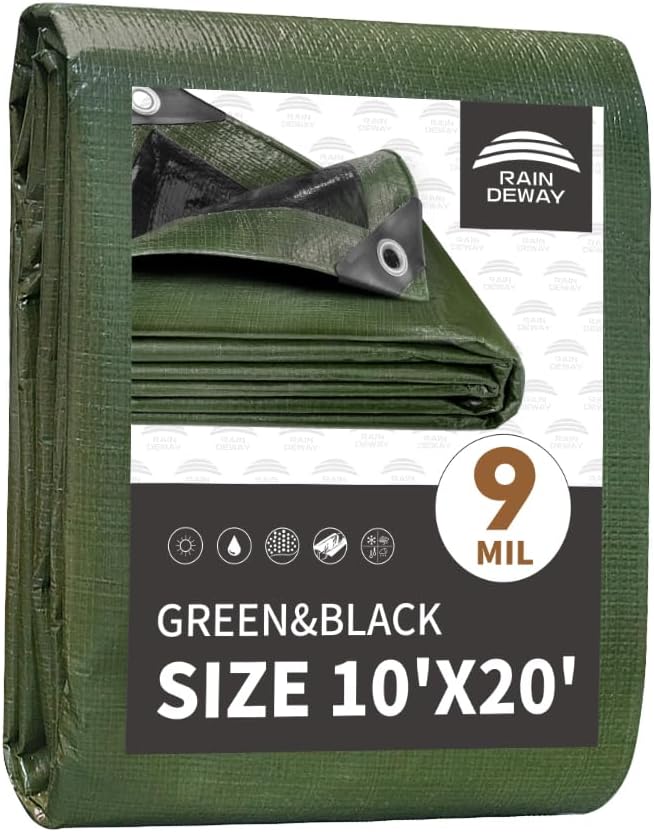 10x20 Feet Tarp Waterproof, 9Mil Thick, Finished Size Tarps, UV Resistant by RAINDEWAY