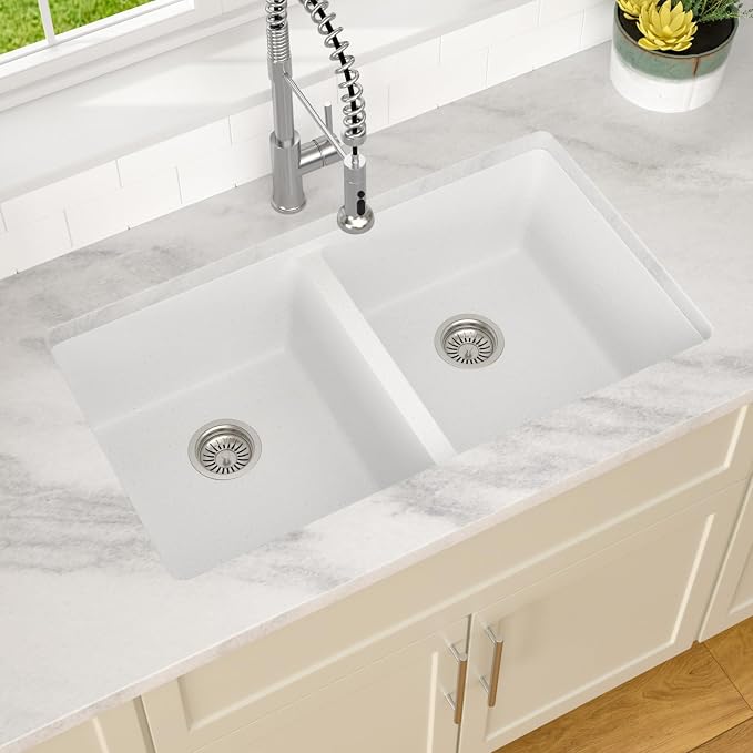 Dcolora 33 Inch Double Bowl Undermount Kitchen Sink White Deep Double Basin - Image 8