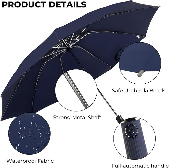 Compact Inverted Travel Umbrella, Automatic Open Close, 9-Rib 46 Inch Windproof - Image 2