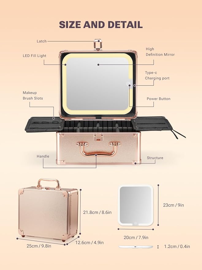 Qislee Makeup Box with A Detachable Lighted Mirror, Waterproof Travel Train Case - Image 3
