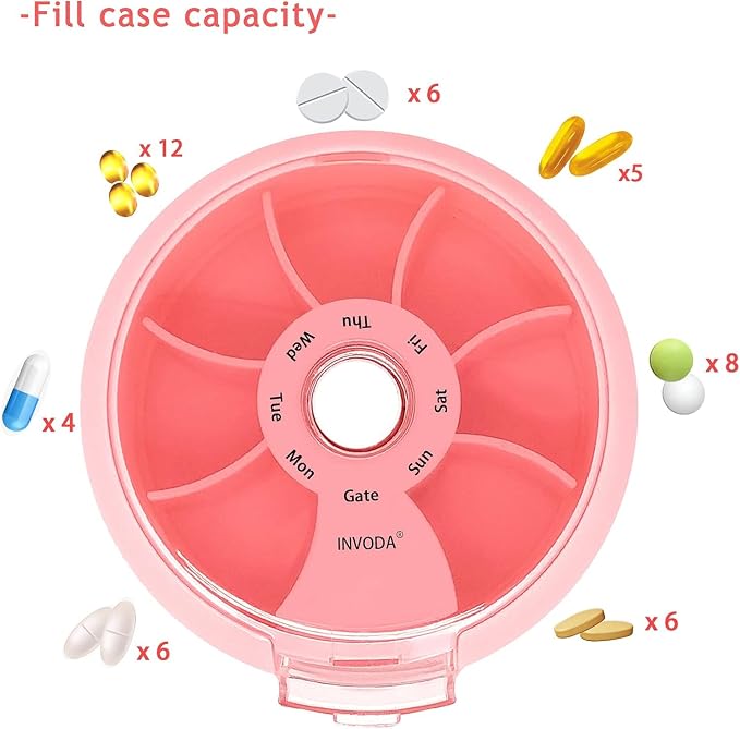 8PCS INVODA Weekly Pill Organizer 7 Compartment Rotating Pill Box - Image 5