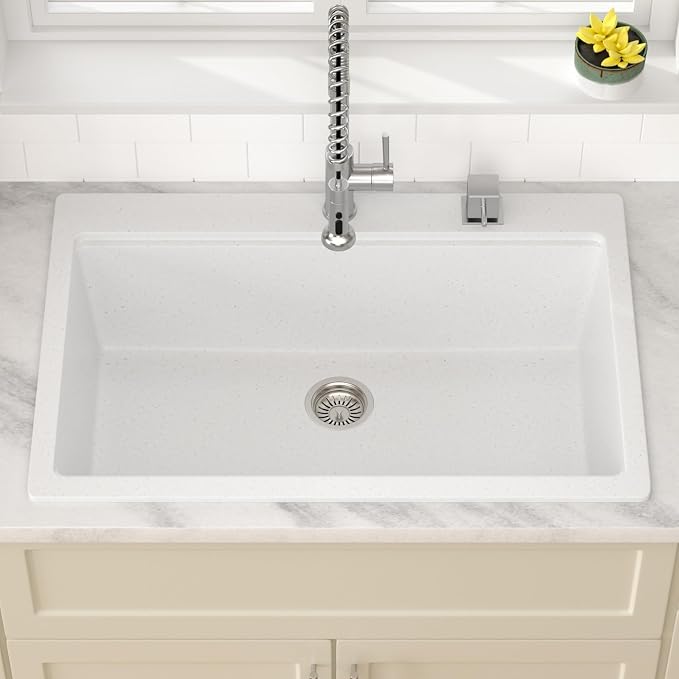Dcolora White Granite Composite Kitchen Sink Drop In, 33x22 Large Single Bowl - Image 3