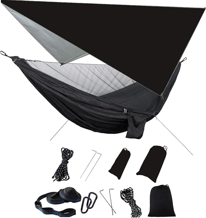 Camping Hammock with Rain Fly Tarp Mosquito Net Heavy Duty Tree Straps Portable by Ovyuzhen