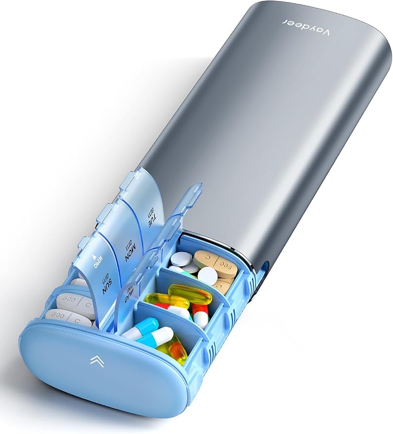 Vaydeer 7 Day Weekly Pill Organizer 2 Times a Day, Metal Am Pm Travel Pill Case by Vaydeer