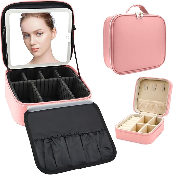 Travel Makeup Bag with LED Mirror with 3 Lighted Settings, Adjustable Dividers by Unknown