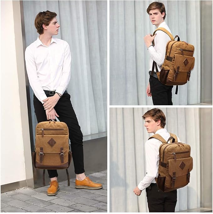 Canvas Backpack for Men Women, Vintage Rucksack Fits Most 15.6 Inch Laptop - Image 6
