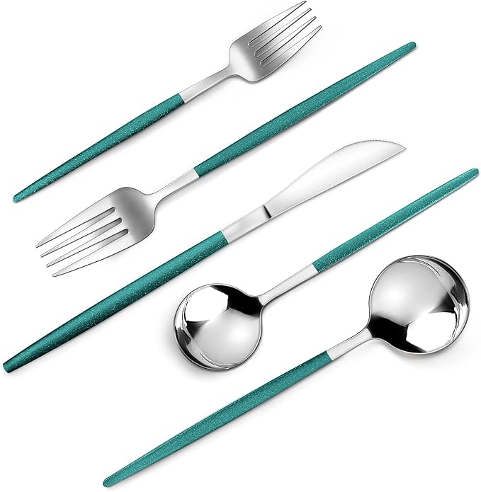 Mirror Silver Green Silverware Set, 20-Piece Stainless Steel Flatware Set by VANVRO