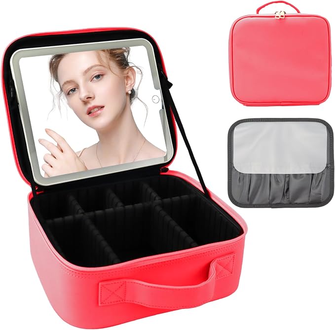 Travel Makeup Bag with LED Mirror and Light Makeup Travel Bag Organizer by SUILU