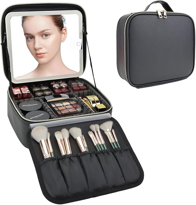 Travel Makeup Bag with LED Mirror Travel Makeup Organizer with 3 Lighted - Image 8
