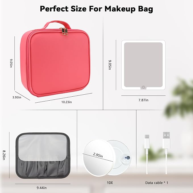 Travel Makeup Bag with LED Mirror and 10x magnifying glass with 3 Lighted - Image 8