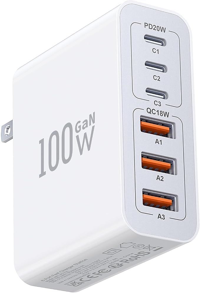 USB C Wall Charger Block, 100W GaN 6-Port QC+PD3.0 Charging Station Type C Fast by Dulums