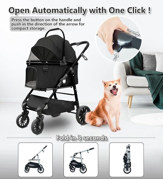 Dog Cat Stroller, Foldable 4 Wheels Dog Stroller - Image 9