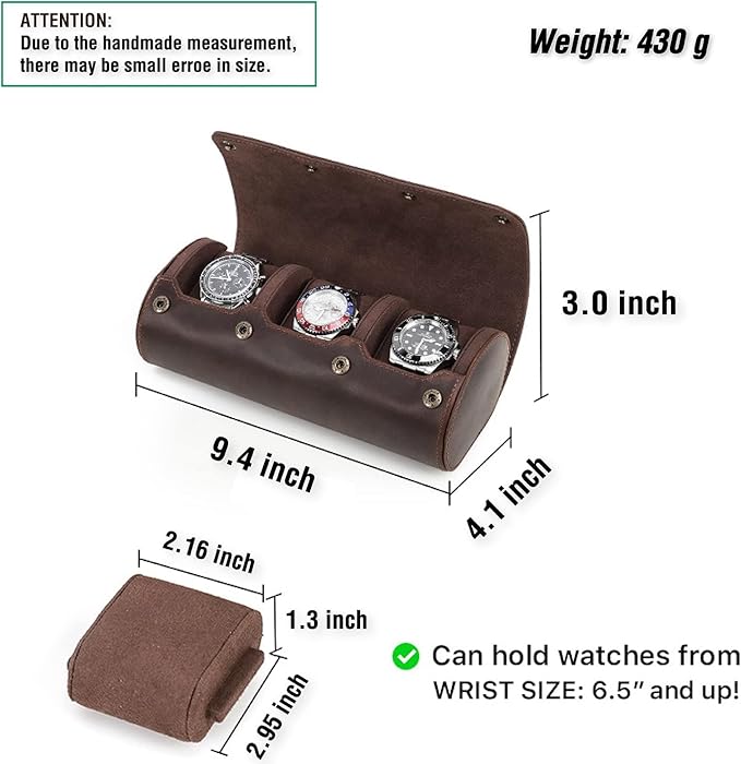 Genuine Leather Watch Roll Travel Case, 3 Slots Vintage Full Grain Leather - Image 2