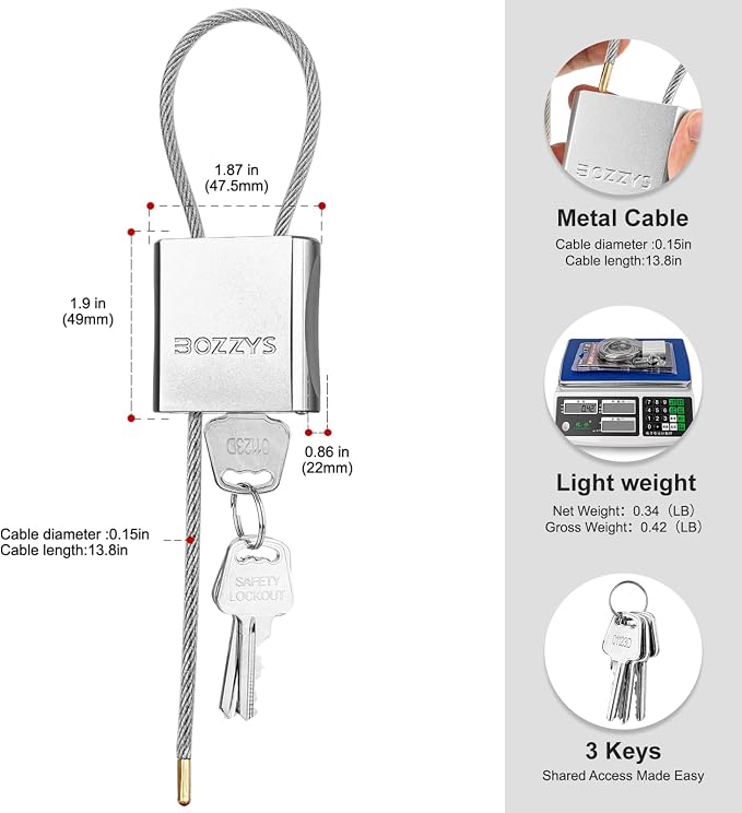 Adjustable Cable Padlock with 3 Keys | 1.15ft L x 1/6in D Aluminum Steel Cable - Image 2
