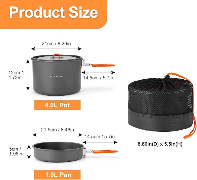 Odoland Camping Cookware Mess Kit, Non-Stick Lightweight Camping Pot and Fry - Image 2