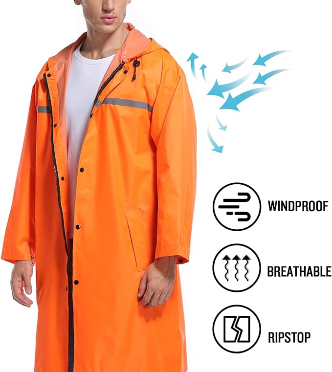 Mens Long Hooded Safety Rain Jacket Waterproof Emergency Raincoat Poncho - Image 5