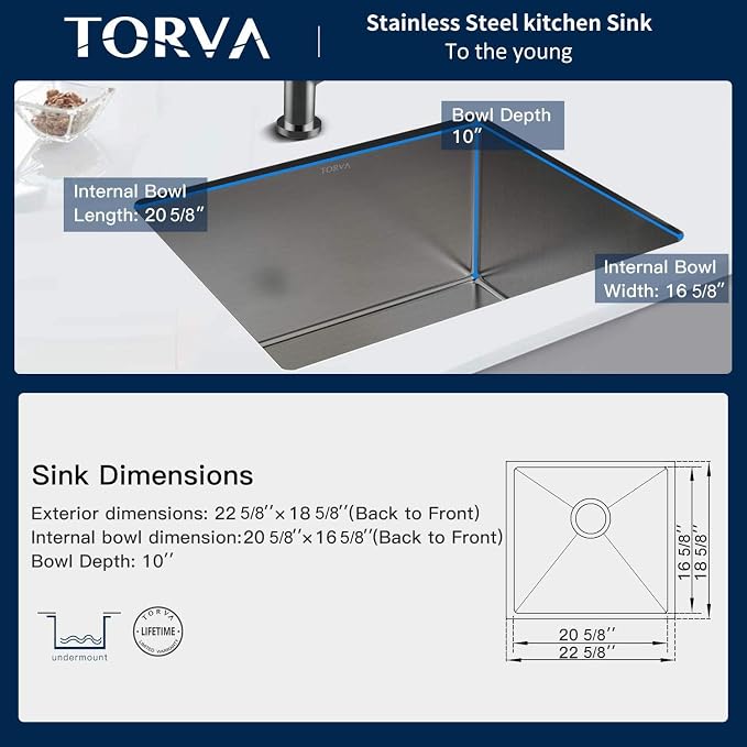 TORVA 22-Inch Undermount Kitchen Sink, Premium 304 Stainless Steel Bar Sink - Image 4