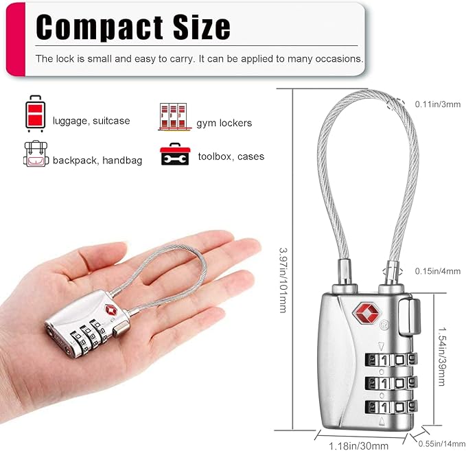 ZHEGE TSA Lock for Luggage 3 Digit Combination Cable Lock - Image 5