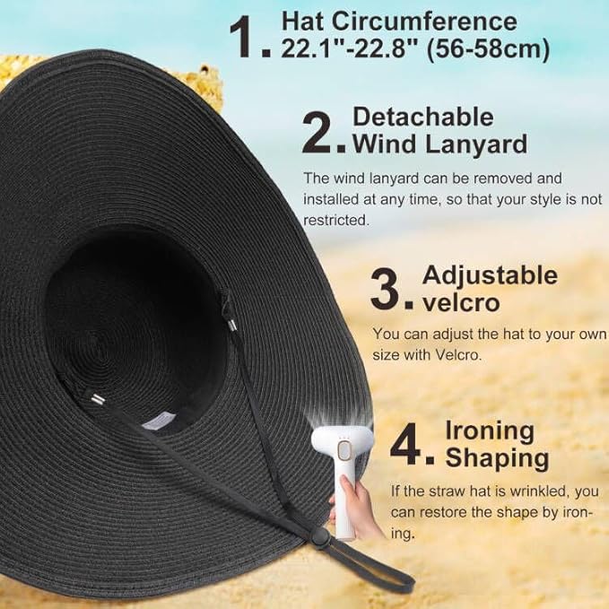 DRESHOW Beach Hats for Women Big Straw Wide Brim Summer Hat Floppy Foldable - Image 6