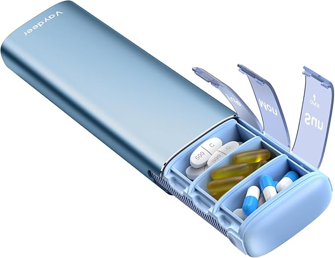 Vaydeer Metal Travel Pill Organizer, 7 Day Weekly Pill Box, Large Capacity by Vaydeer