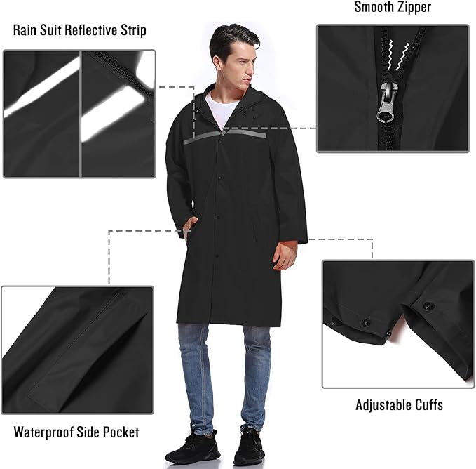 Mens Long Hooded Safety Rain Jacket Waterproof Emergency Raincoat Poncho - Image 3