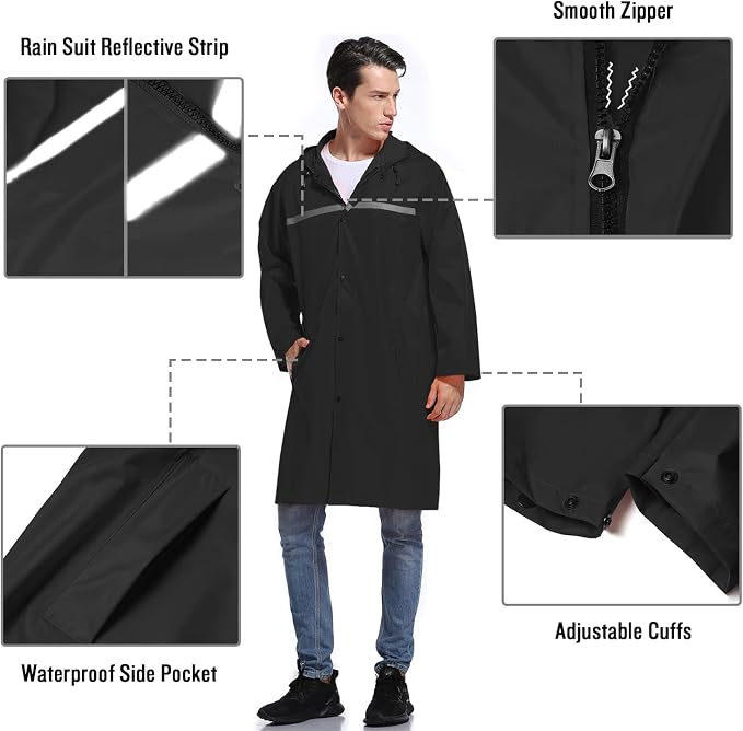 Mens Long Hooded Safety Rain Jacket Waterproof Emergency Raincoat Poncho - Image 3