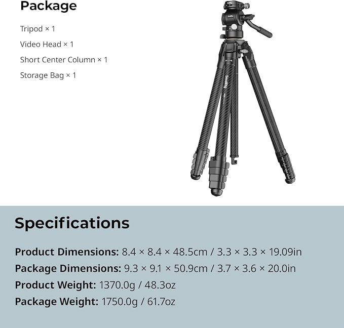 SmallRig Portable Carbon Fiber Travel Tripod Kit, 61.8'' Video Camera Tripod - Image 7