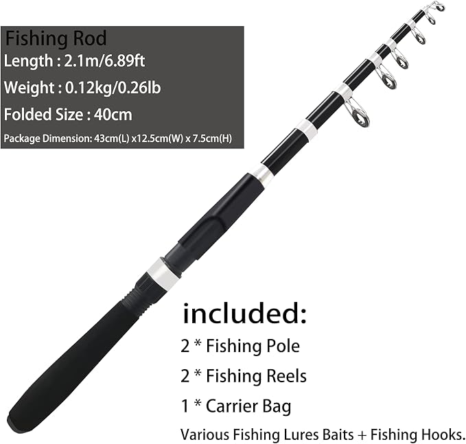 Fishing Pole Combo Set, 2.1m/6.89ft 2PCS Collapsible Rods 2PCS Spinning Reels - Image 3